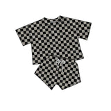 Short sleeves black plaid top shorts kids girls clothes
