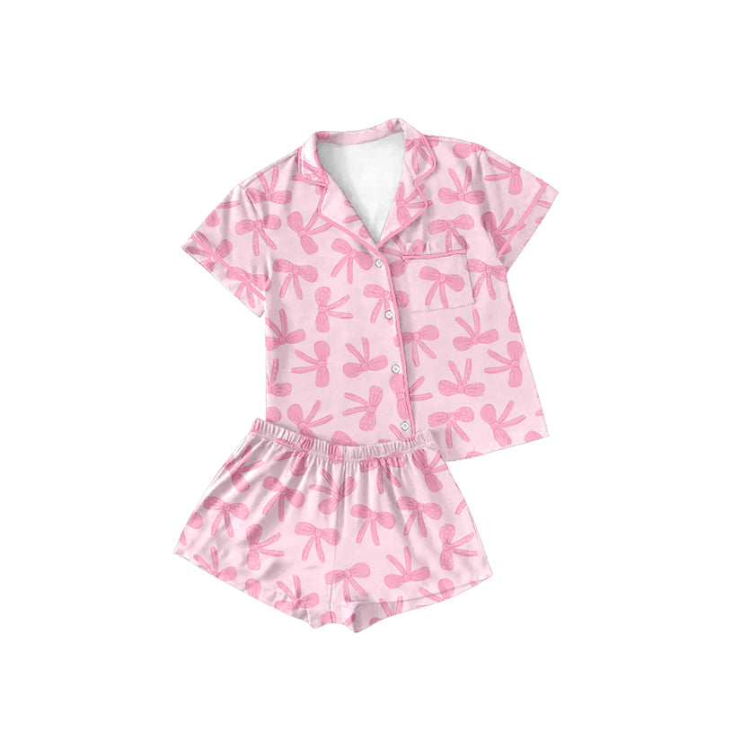Short sleeves pink bow pockets kids girls button down pajamas