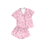 Short sleeves pink bow pockets kids girls button down pajamas