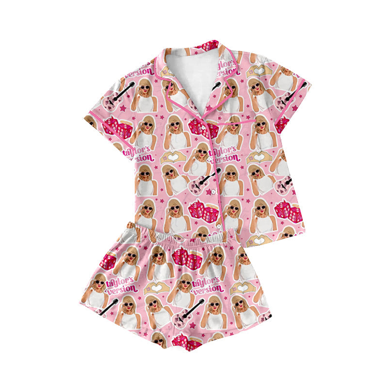 Short sleeves pink singer adult women button down pajamas