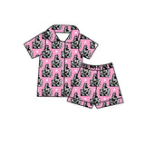 Pink short sleeves cow tag kids girls button down pajamas