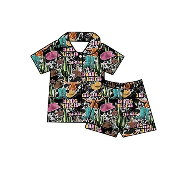 Short sleeves cactus cows western kids button down pajamas
