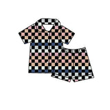 Short sleeves multi color plaid kids button down pajamas