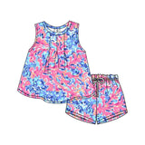 Sleeveless pink blue watercolor floral girls summer outfits