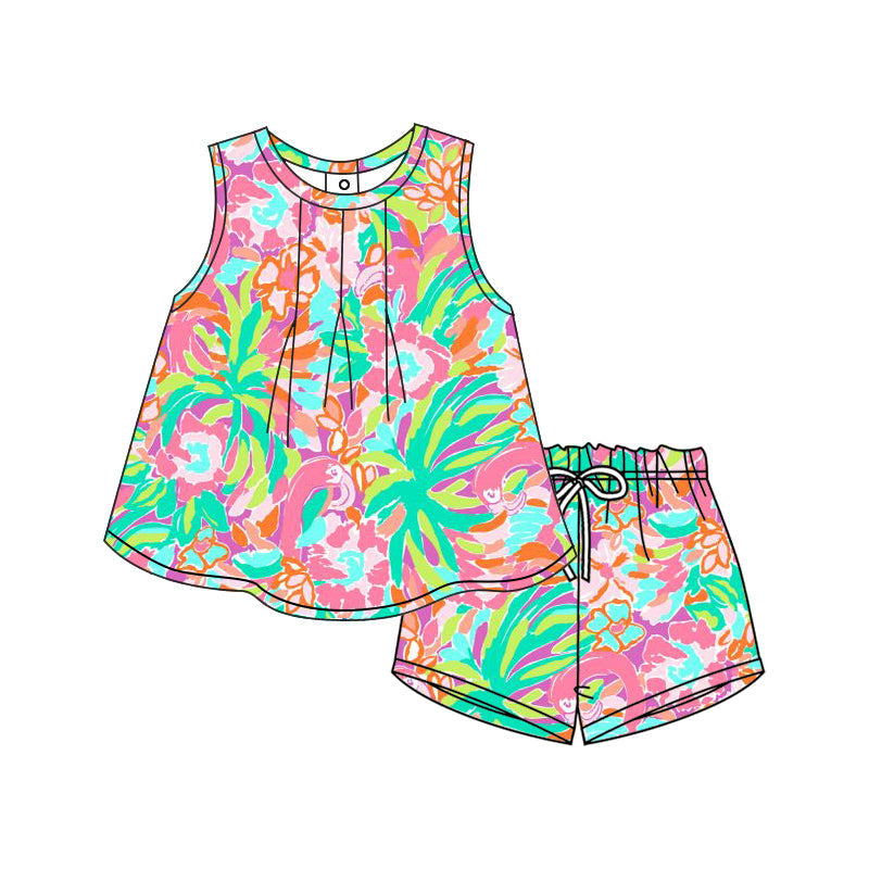 Sleeveless green peach watercolor floral girls summer outfits