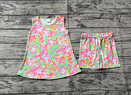 Sleeveless green peach watercolor floral girls summer outfits