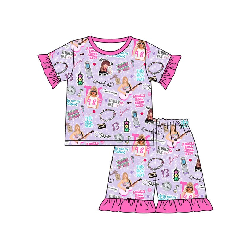 Short sleeves pink ruffle guitar heart singer girls pajamas