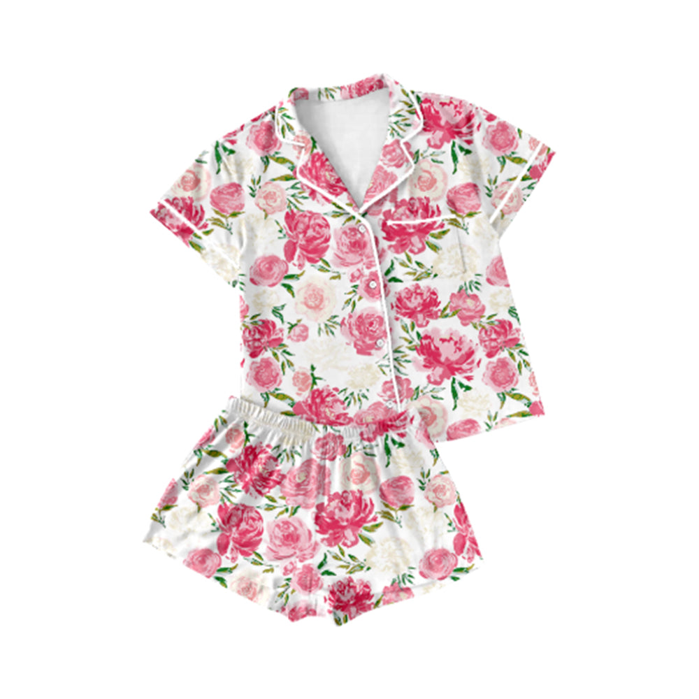 Short sleeves pink floral adult women button down pajamas
