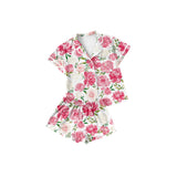 Short sleeves pink bow pocket girls button down pajamas