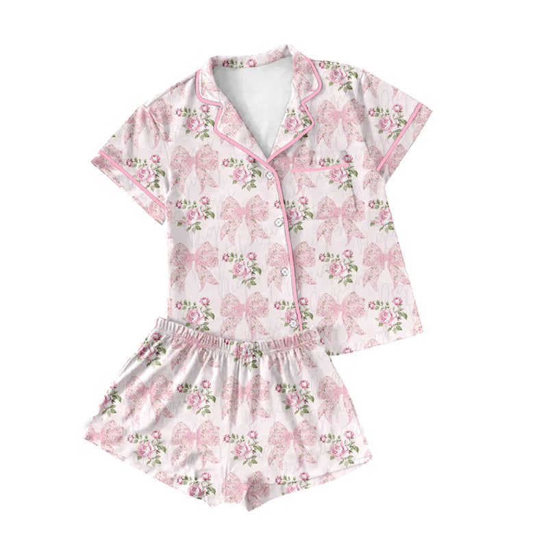 Pink short sleeves bow floral women button down pajamas