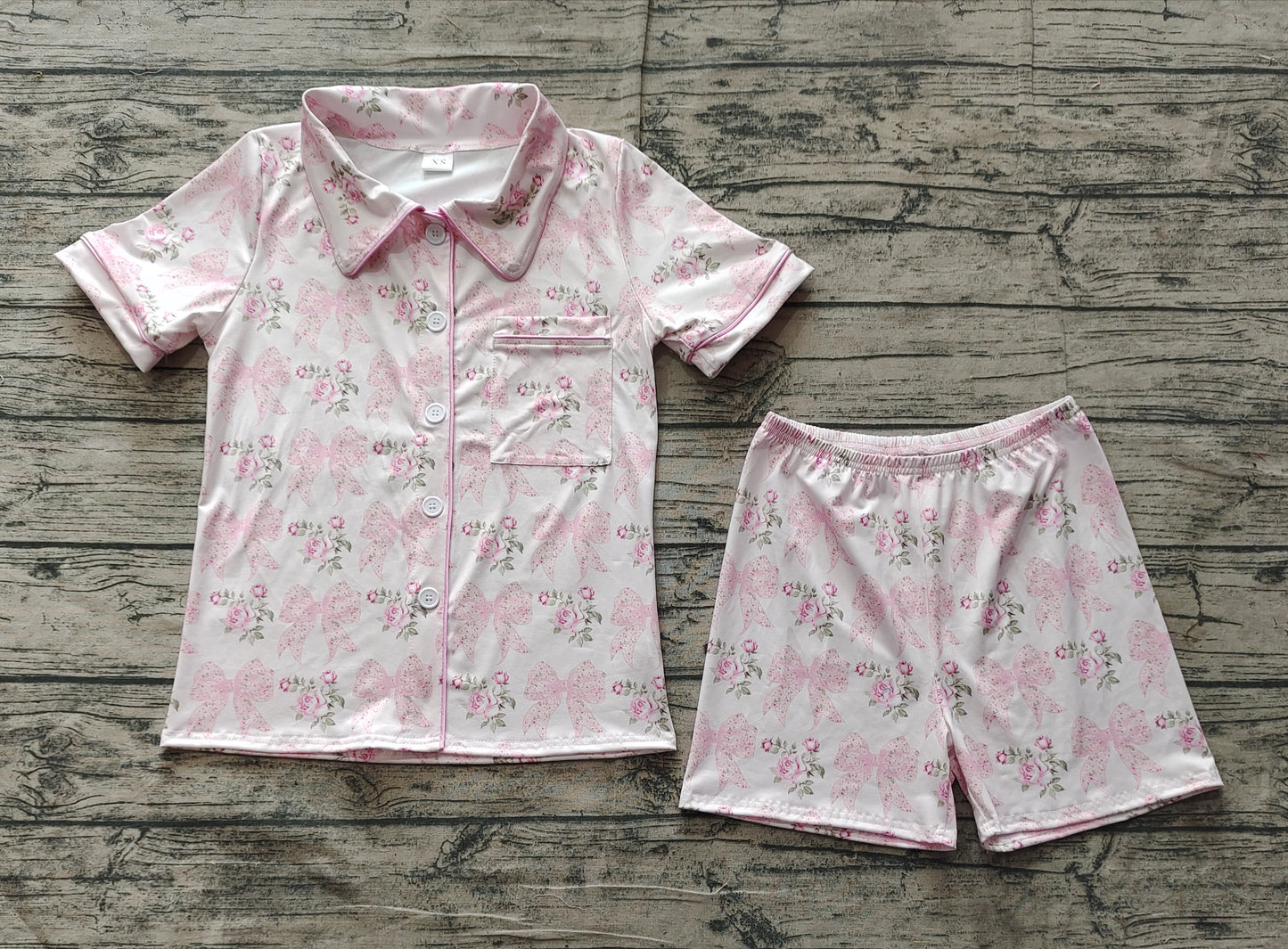 Pink short sleeves bow floral women button down pajamas