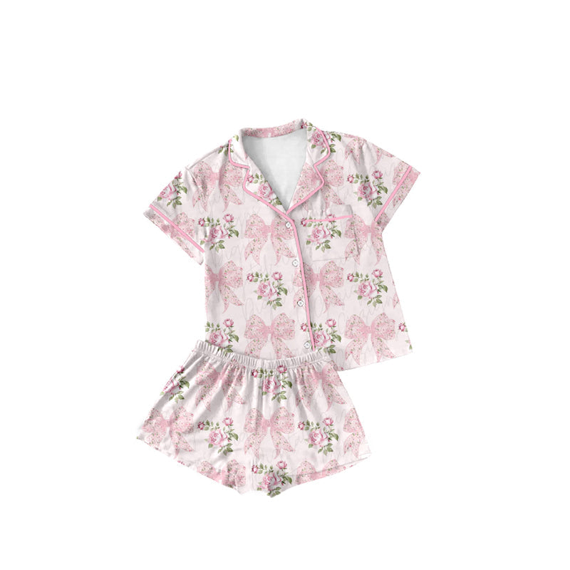 Pink short sleeves bow floral baby girls button down pajamas