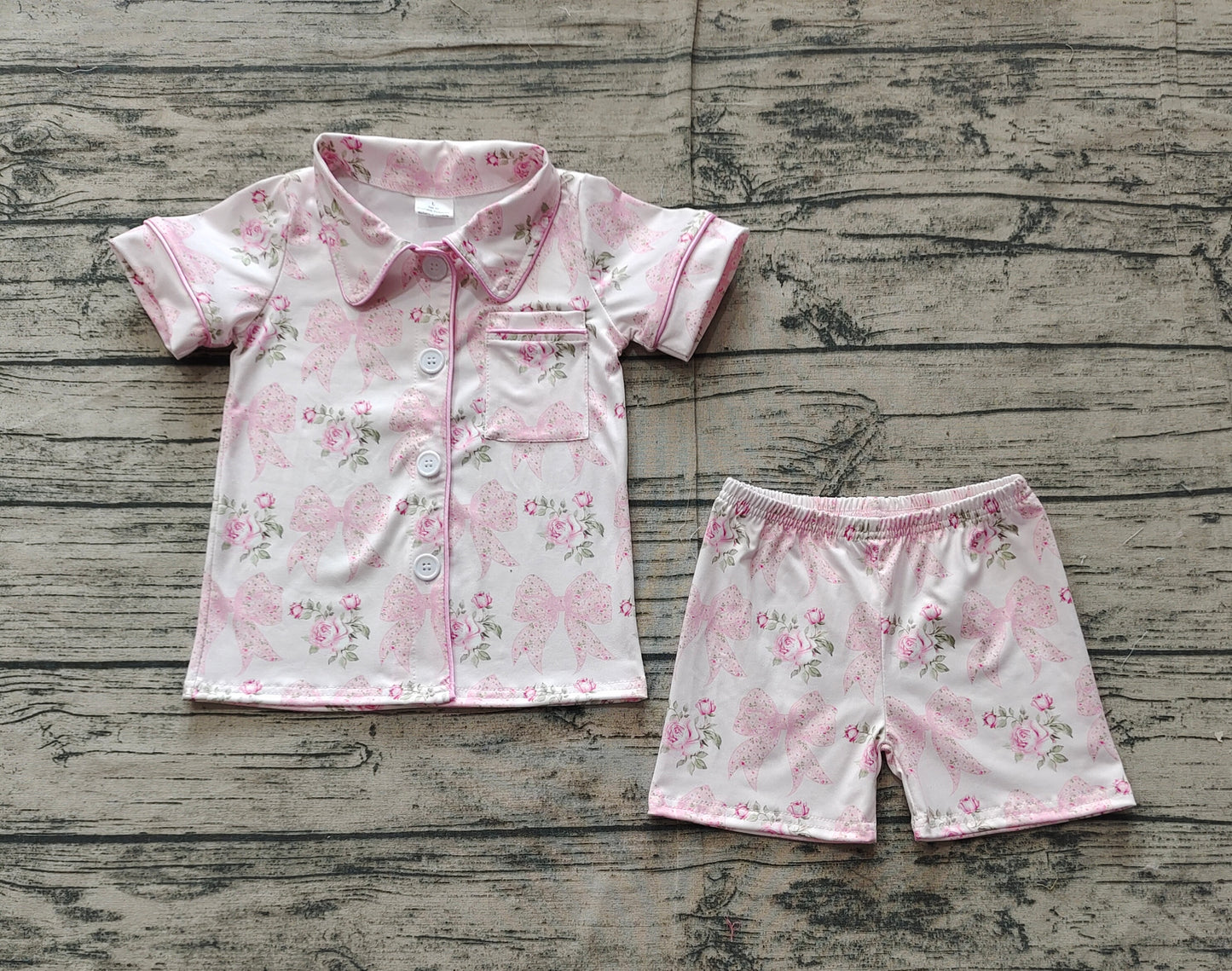 Pink short sleeves bow floral baby girls button down pajamas