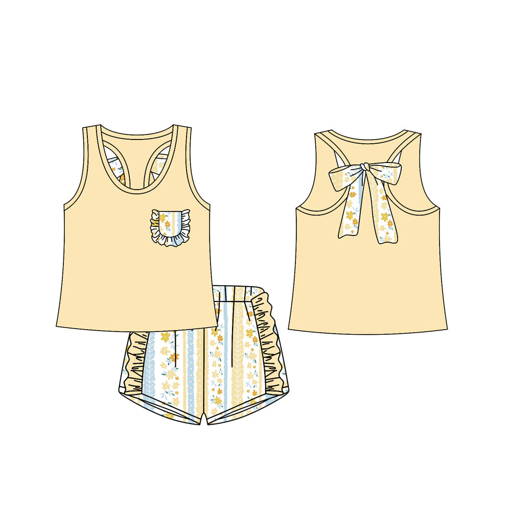 Yellow sleeveless floral bow ruffle shorts girls clothes