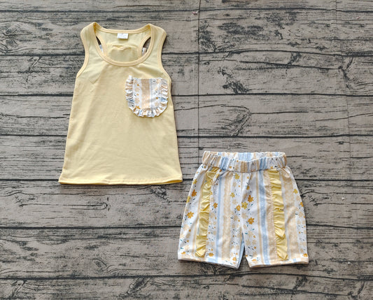 Yellow sleeveless floral bow ruffle shorts girls clothes