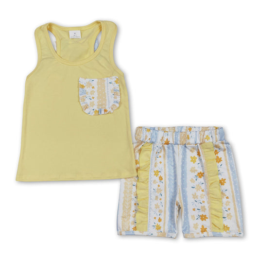 Yellow sleeveless floral bow ruffle shorts girls clothes