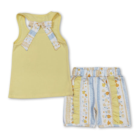 Yellow sleeveless floral bow ruffle shorts girls clothes