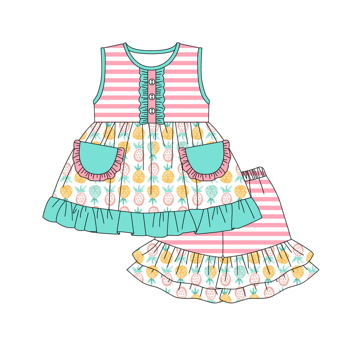 Sleeveless stripe pineapple tunic shorts girls summer clothes