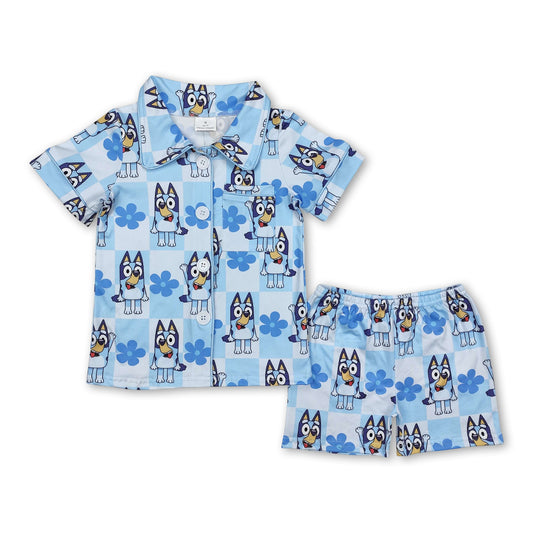 Light blue floral dog  plaid kids girls button down pajamas