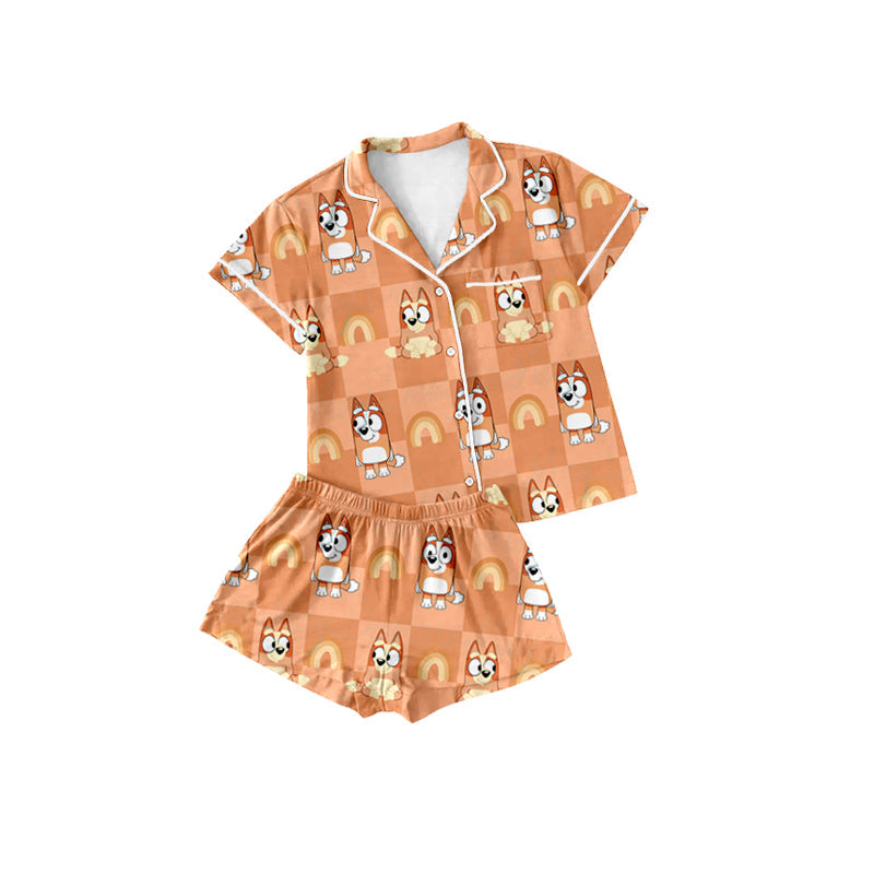 Yellow rainbow dog  plaid kids girls button down pajamas