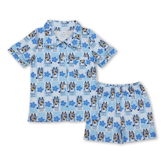 Blue dog floral plaid adult women button down pajamas