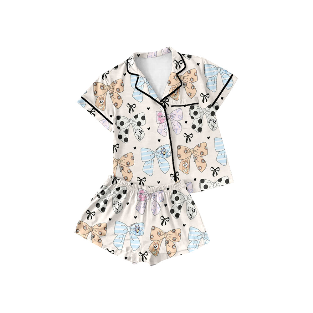 Short sleeves dog bow kids girls button down pajamas