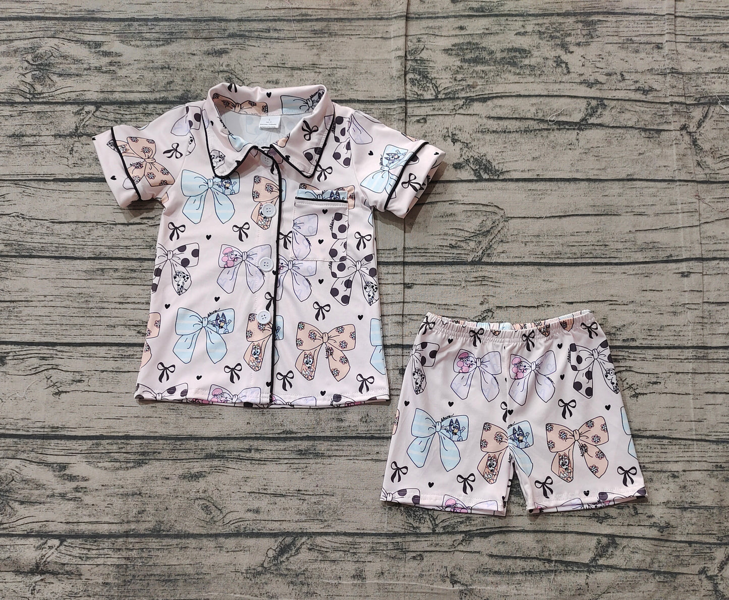 Short sleeves dog bow kids girls button down pajamas