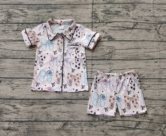 Short sleeves dog bow kids girls button down pajamas