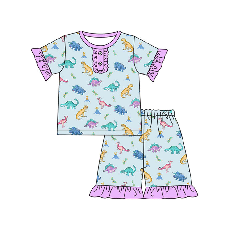 Short sleeves ruffle dinosaur baby girls summer pajamas