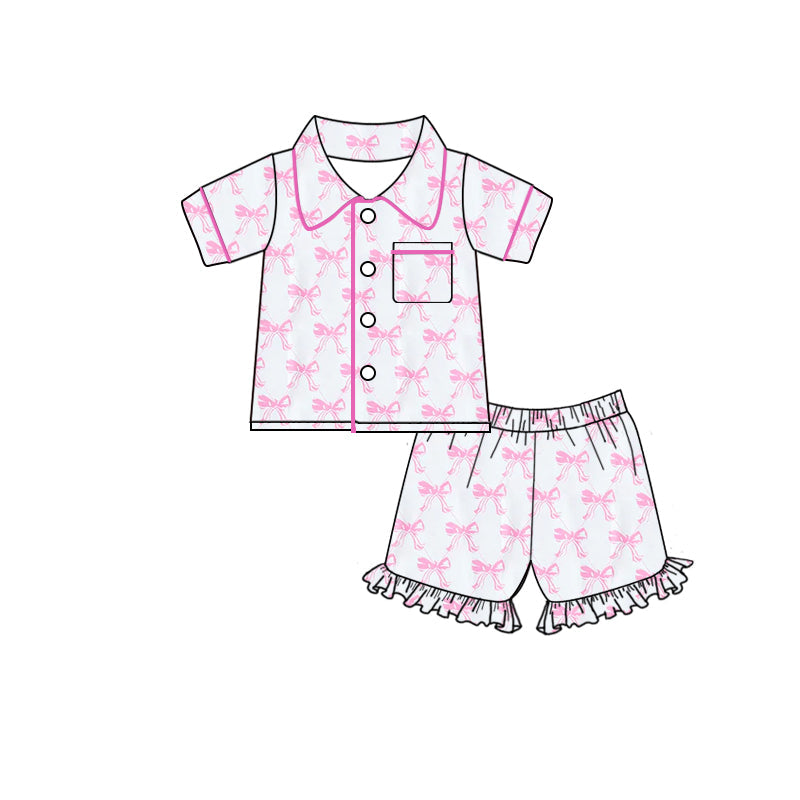 Pink bow button down top ruffle shorts girls pajamas