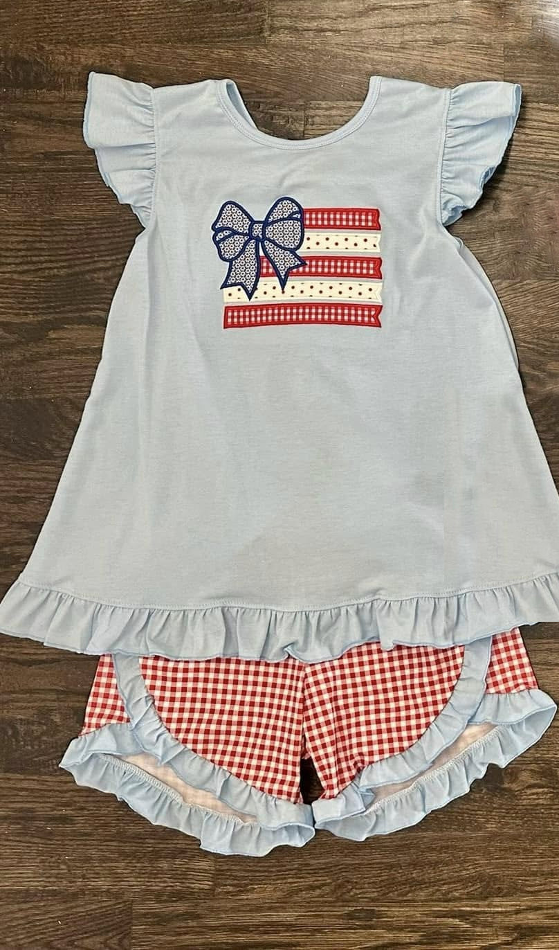 Flutter sleeves bow flag kids girls 4th of july outfits