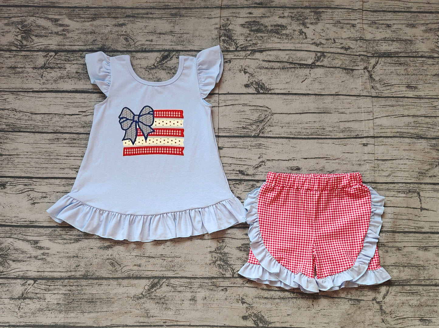 Flutter sleeves bow flag kids girls 4th of july outfits