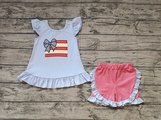 Flutter sleeves bow flag kids girls 4th of july outfits