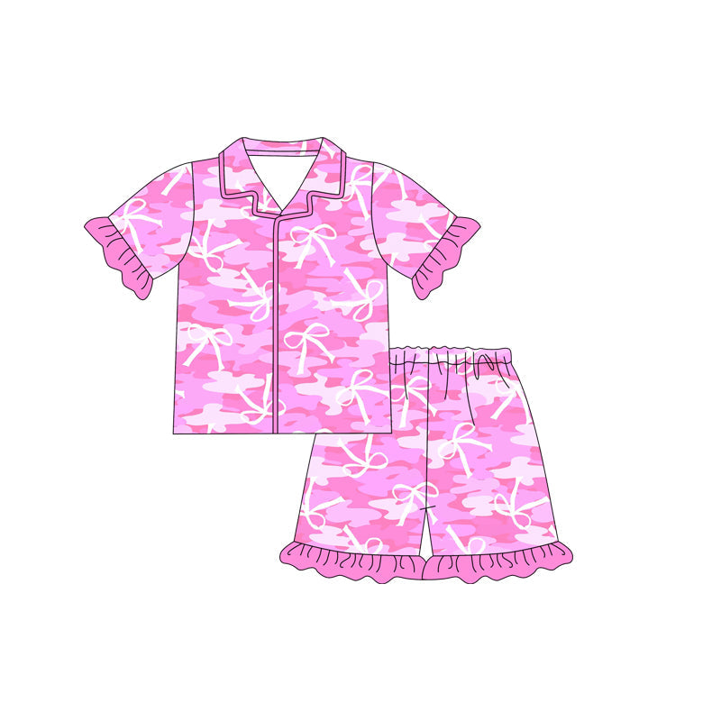 Short sleeves pink bow camo girls button down pajamas