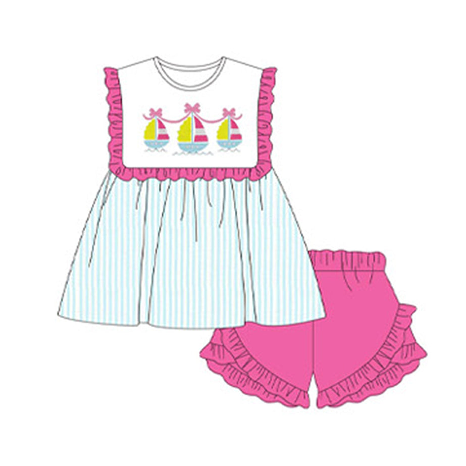 Ruffle bow boat stripe tunic shorts girls summer clothes
