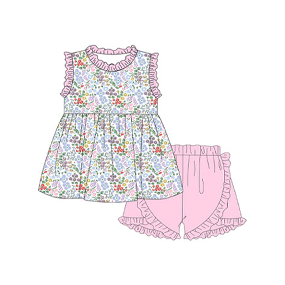 Sleeveless floral ruffle tunic pink shorts girls clothing