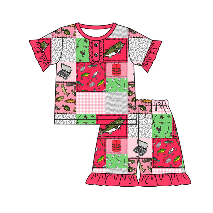 Ruffle short sleeves fishing top shorts girls pajamas