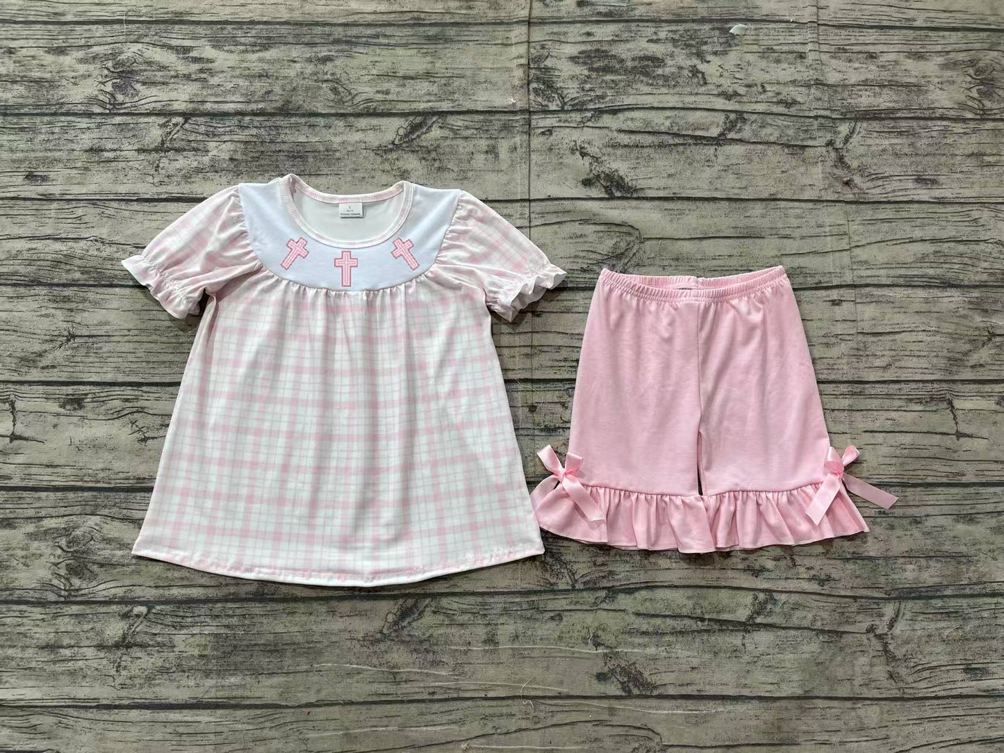 Plaid cross tunic ruffle shorts kids girls Easter outfits