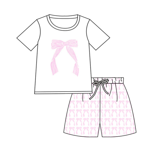 White short sleeves pink bow adult women summer set