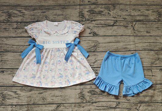 Big sister light blue floral tunic ruffle shorts girls clothes