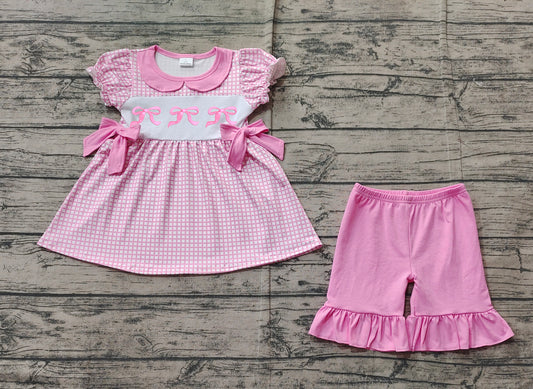 Pink plaid bow tunic ruffle shorts girls clothing set