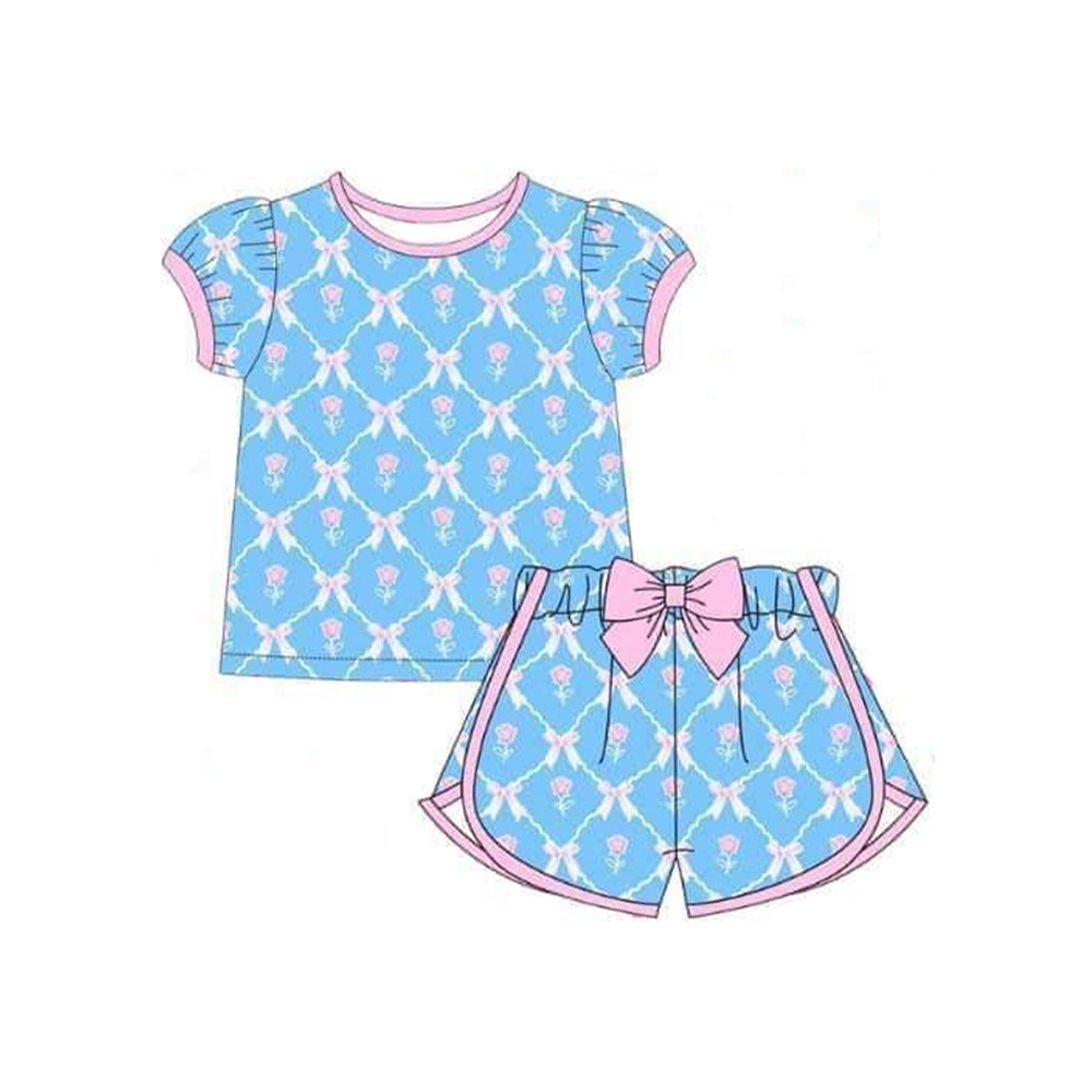 Light blue floral bow top shorts kids girls outfits