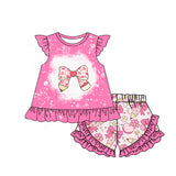 Bleached heart bow pencil top shorts girls back to school set