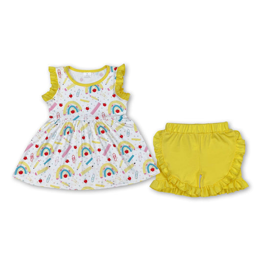 Yellow rainbow pencil apple girls back to school outfits