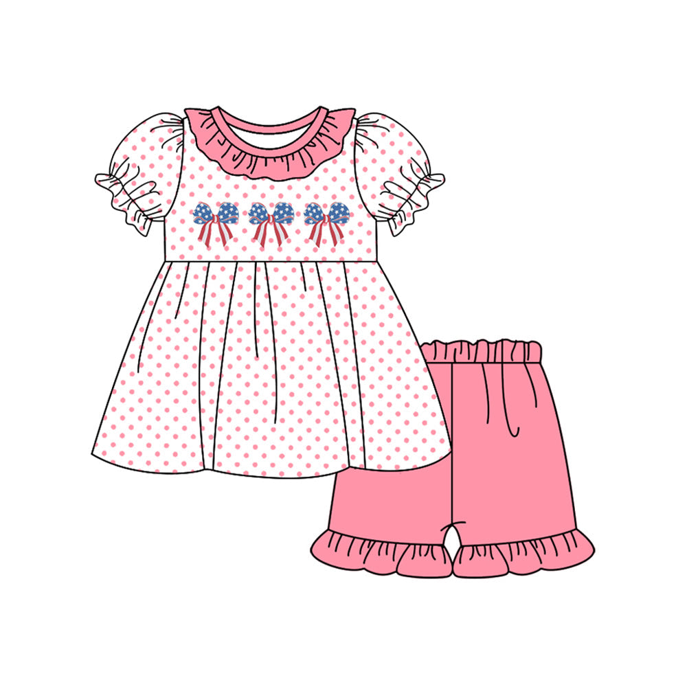 Short sleeves polka dots stars stripe bow girls 4th of july outfits