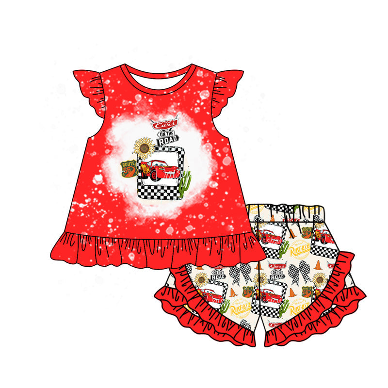 Red flutter sleeves cars bow top ruffle shorts girls outfits