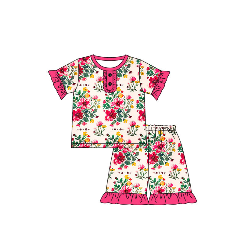 Hot pink ruffle floral top shorts baby girls pajamas