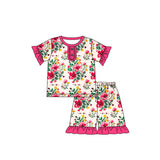 Hot pink ruffle floral top shorts baby girls pajamas