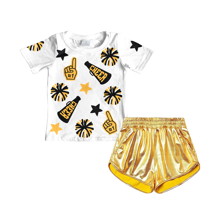 Short sleeves stars cheer top gold shorts girls clothes