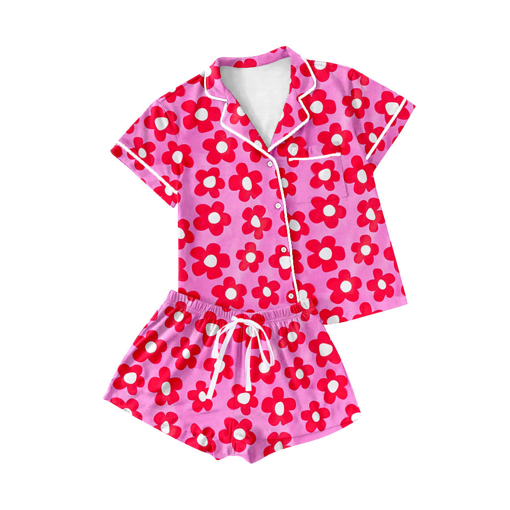 Pink red flower adult women button down pajamas